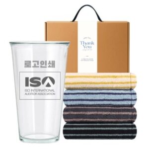 글라스 유리컵 인쇄가능 510ml 송월 스트라이프 호텔 핸드 타올 기프트박스 선물세트